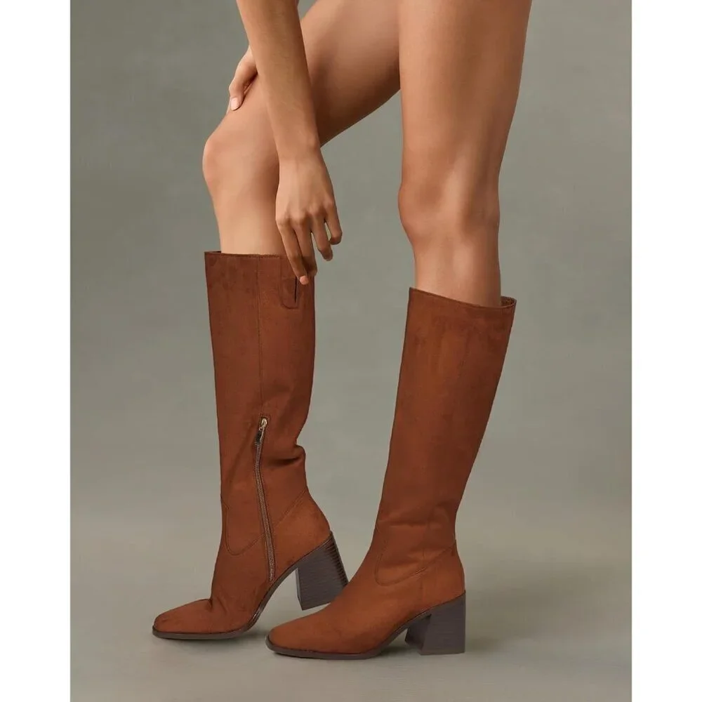 Women Brown-suede Polyurethane Knee High Square Toe Zipper Block Heel Tall Boots